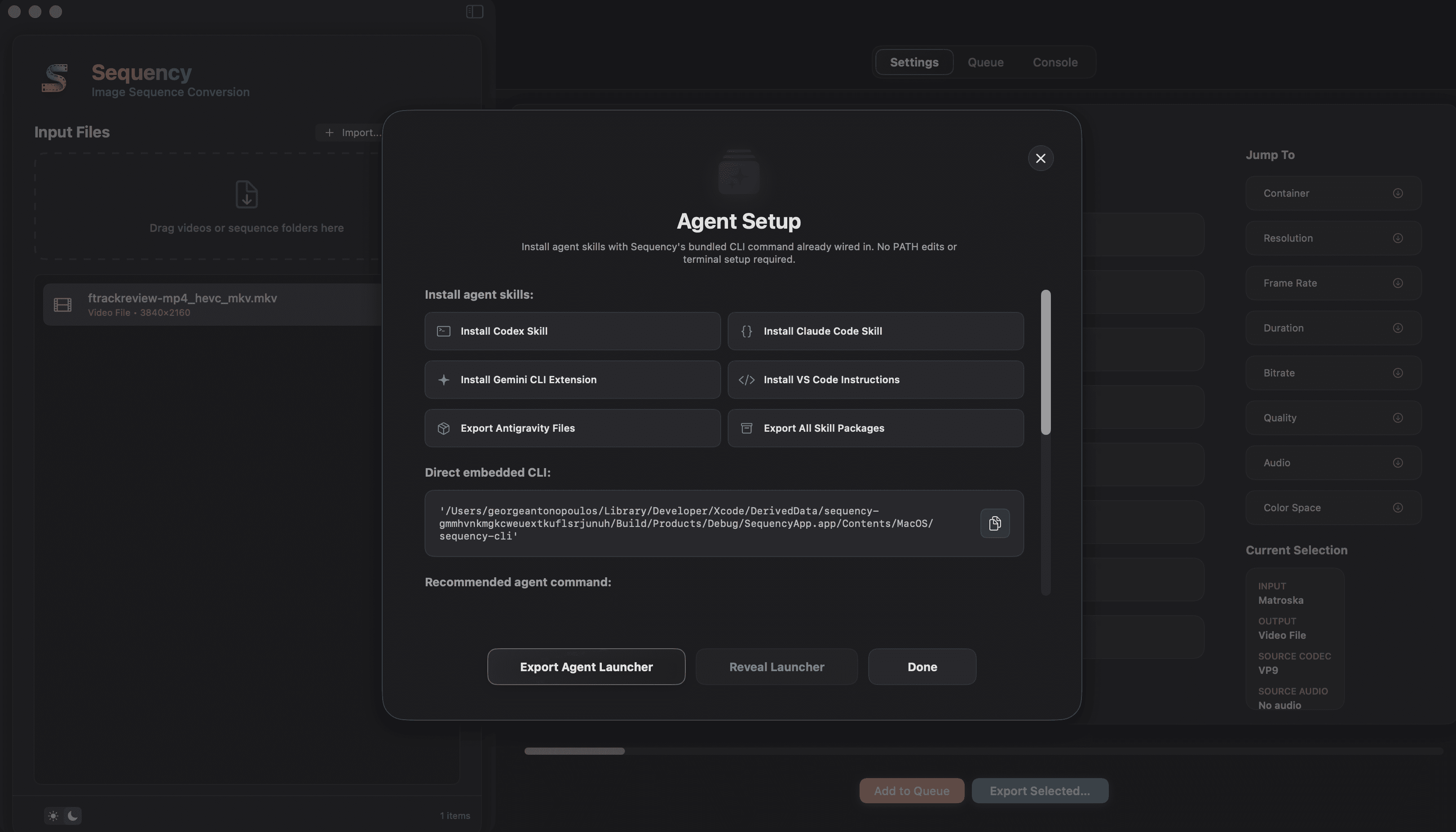 Sequency Agent Setup window — one-click installs for Codex, Claude Code, Gemini CLI, VS Code Copilot, and Antigravity